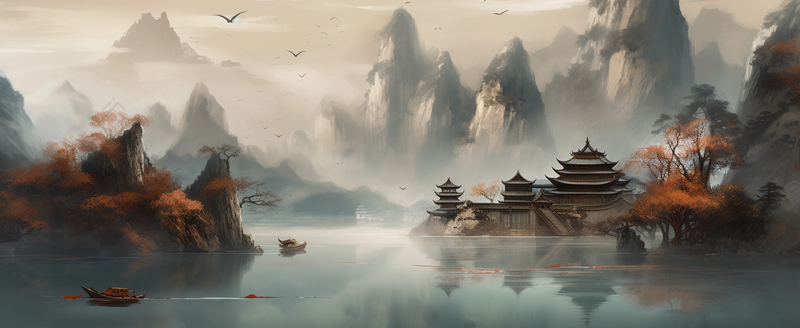 石壁飞鸟枫树中国风意境水墨画背景,插画/手绘图,插画/手绘图库,插画/手绘图下载,插画/手绘